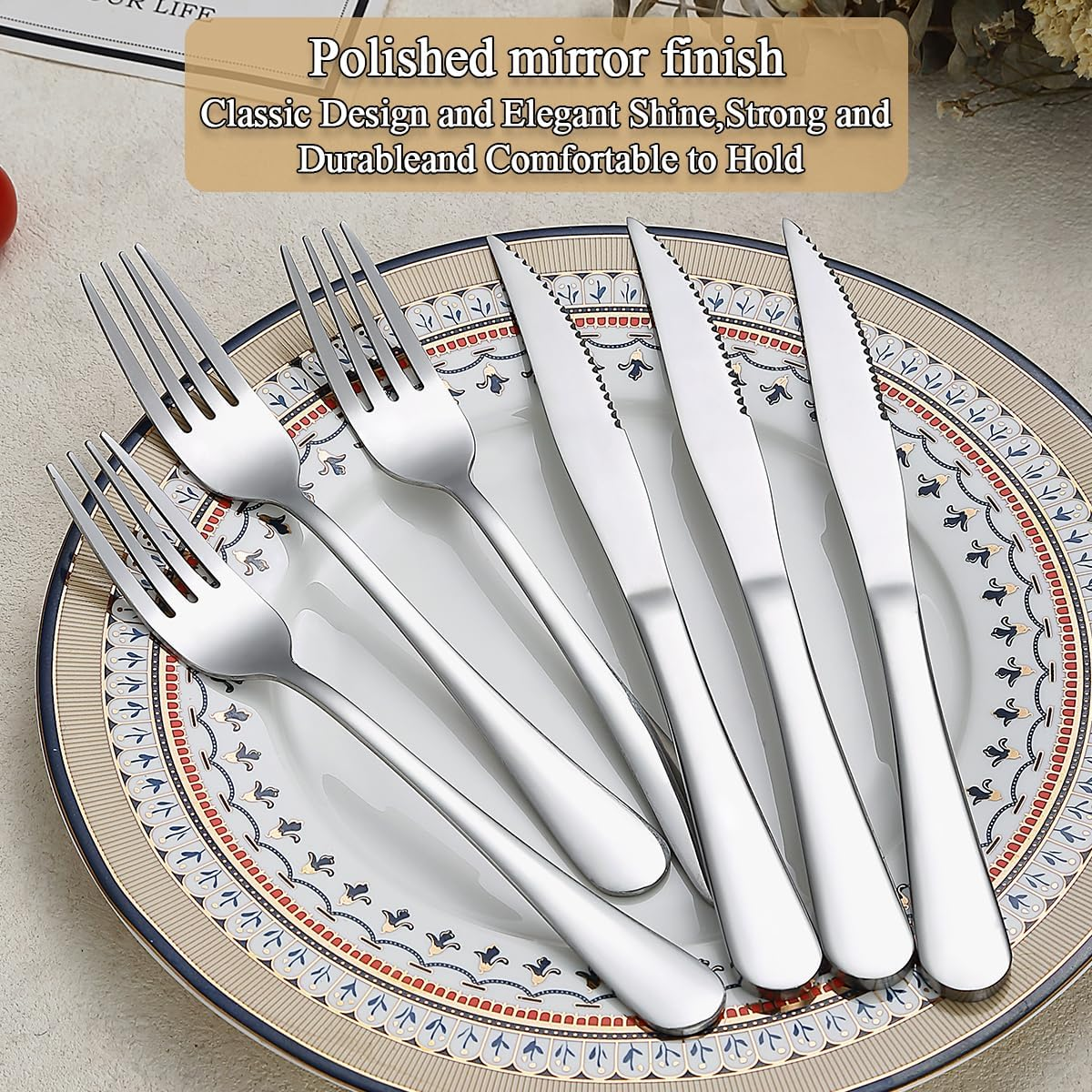 Evanda Steak Knives Set 24 Piece Service for 12, Stainless Steel 12 Dinner Forks and 12 Dinner Knives Set, Steak Knives Steak Forks, Dishwasher Safe image number 6