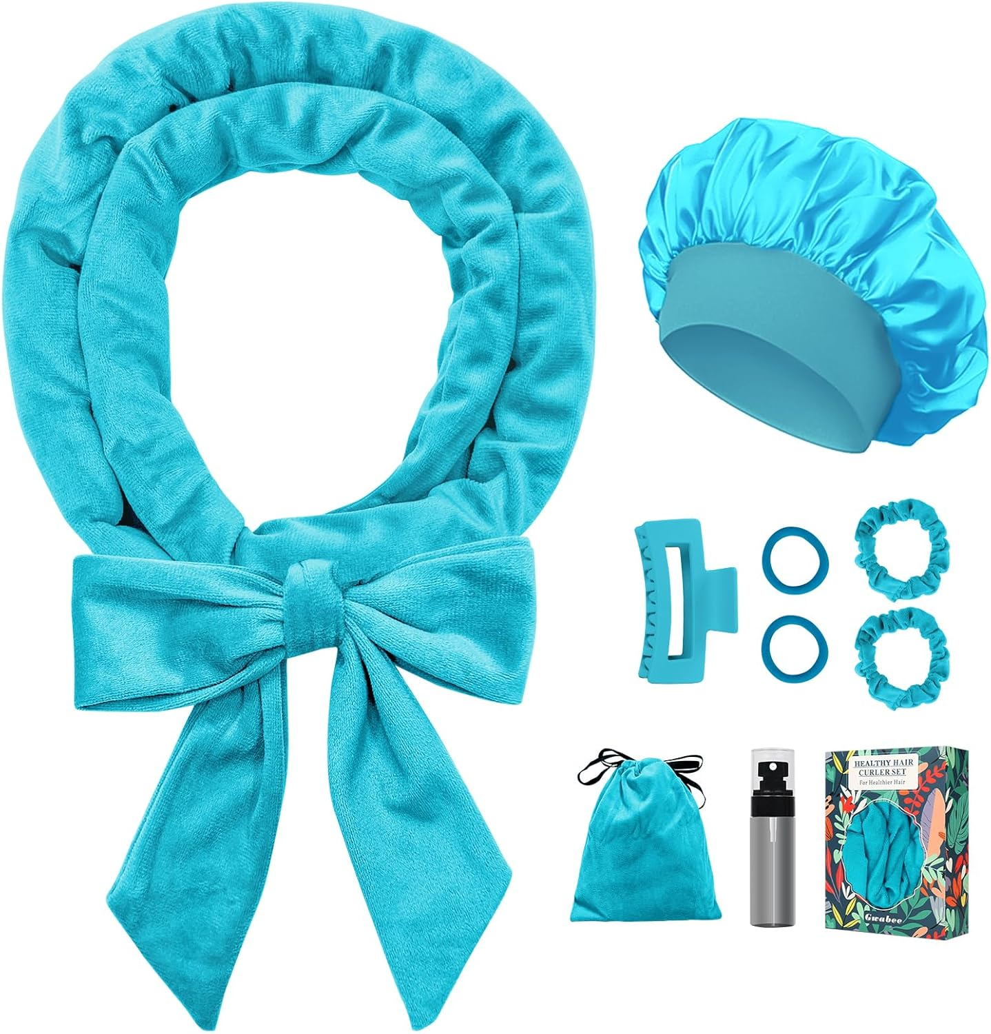 No Heat Overnight Curl Headband, 70" Soft Ribbon Wrap for Long Hair, 9 PCS Hair Curling Rods Set - Blue Green