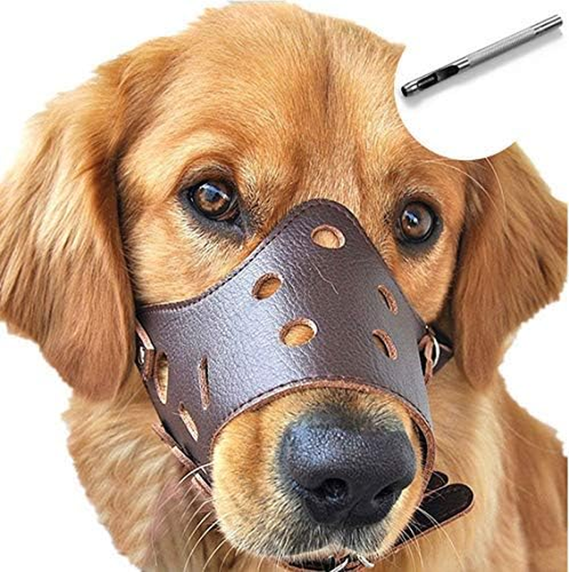 BARKLESS Dog Muzzle Leather, Comfort Secure Anti-Barking Leather Dog Muzzle for Small Medium Large Dogs, Breathable and Adjustable, Allows Drinking and Panting, Used with Collars