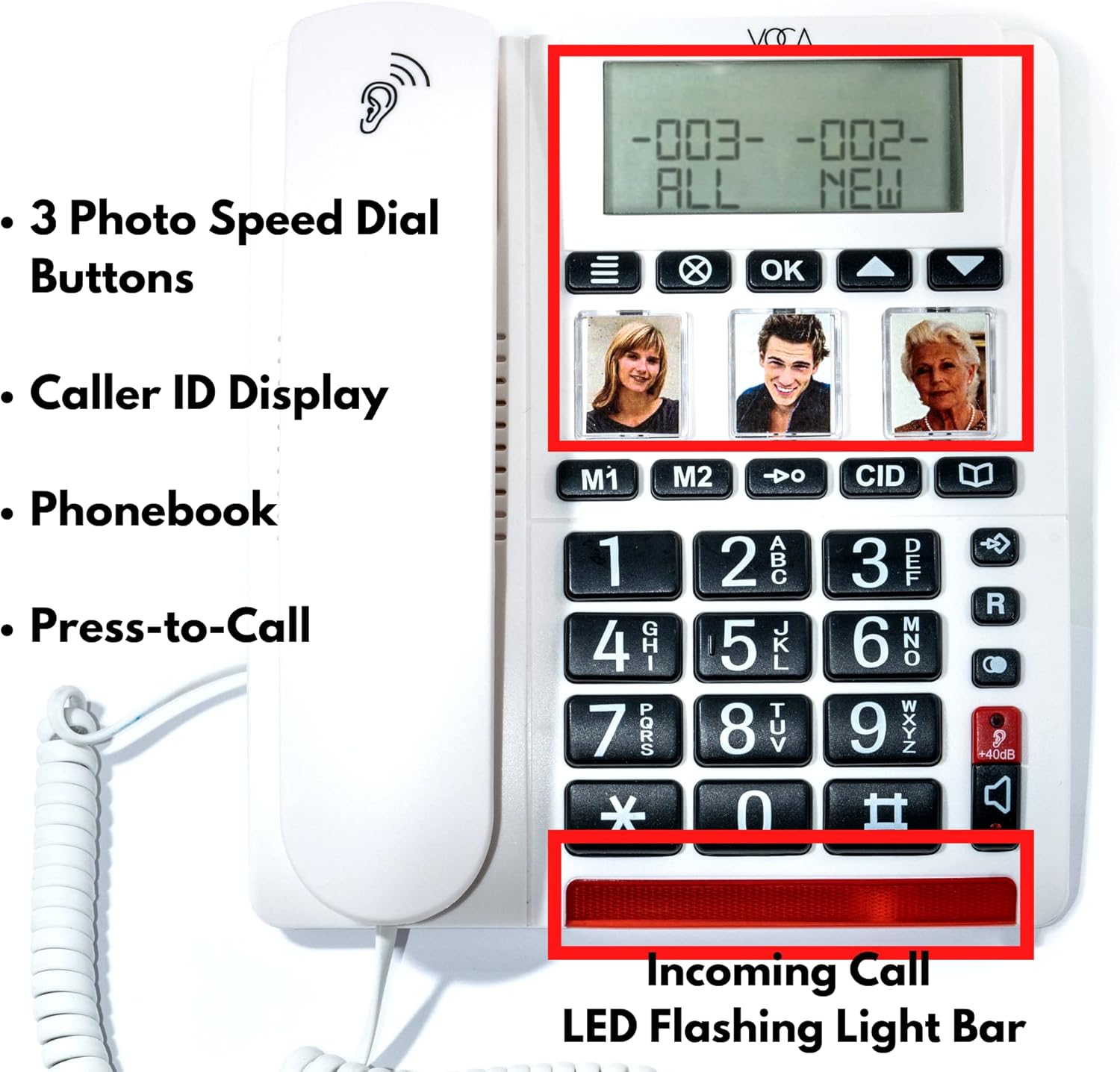 VOCA Big Button Phone for Seniors, CP130 Amplified Telephone, Caller ID Display, Hand Free Speaker Phone, Loud Phone for Hard of Hearing & Visually Impaired image number 2