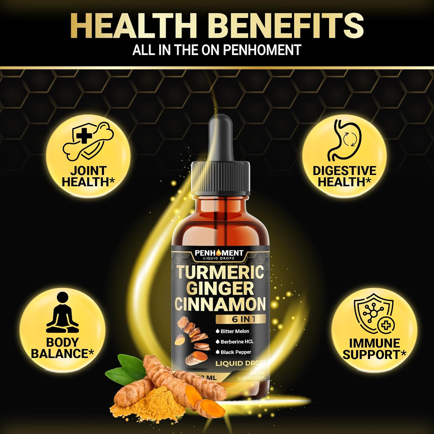 PENHOMENT 6In1 Liquid Turmeric Curcumin with Ginger, Berberine, Ceylon Cinnamon, Bitter Melon, Black Pepper - Drops Extract for Joint Support - 2Packs of 1 Fl Oz image number 1
