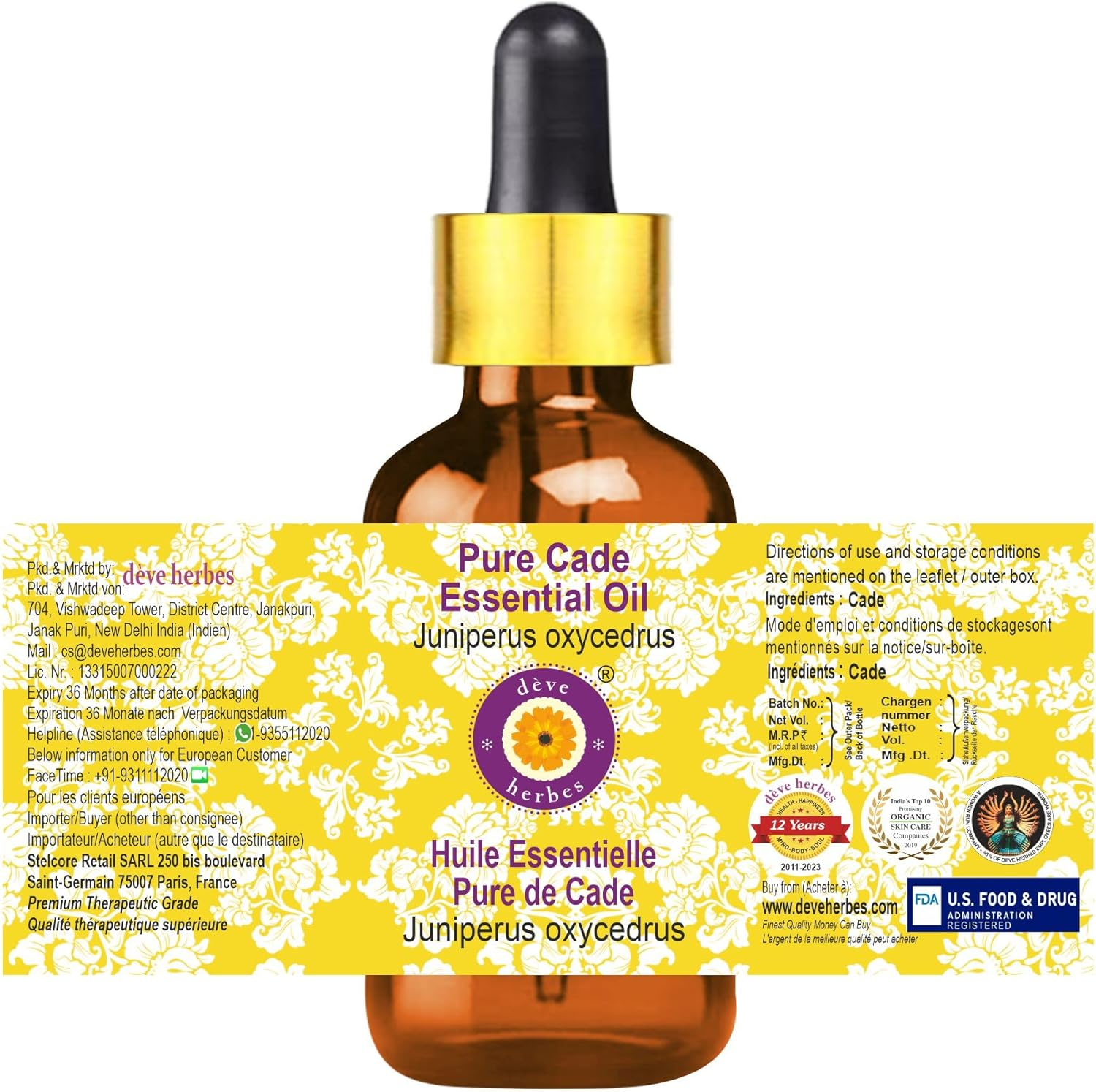 Deve Herbes Pure Cade Essential Oil (Juniperus Oxycedrus) with Glass Dropper Natural Therapeutic Grade Steam Distilled (Pack of Three) 100Ml X 3 (10 Oz) image number 4