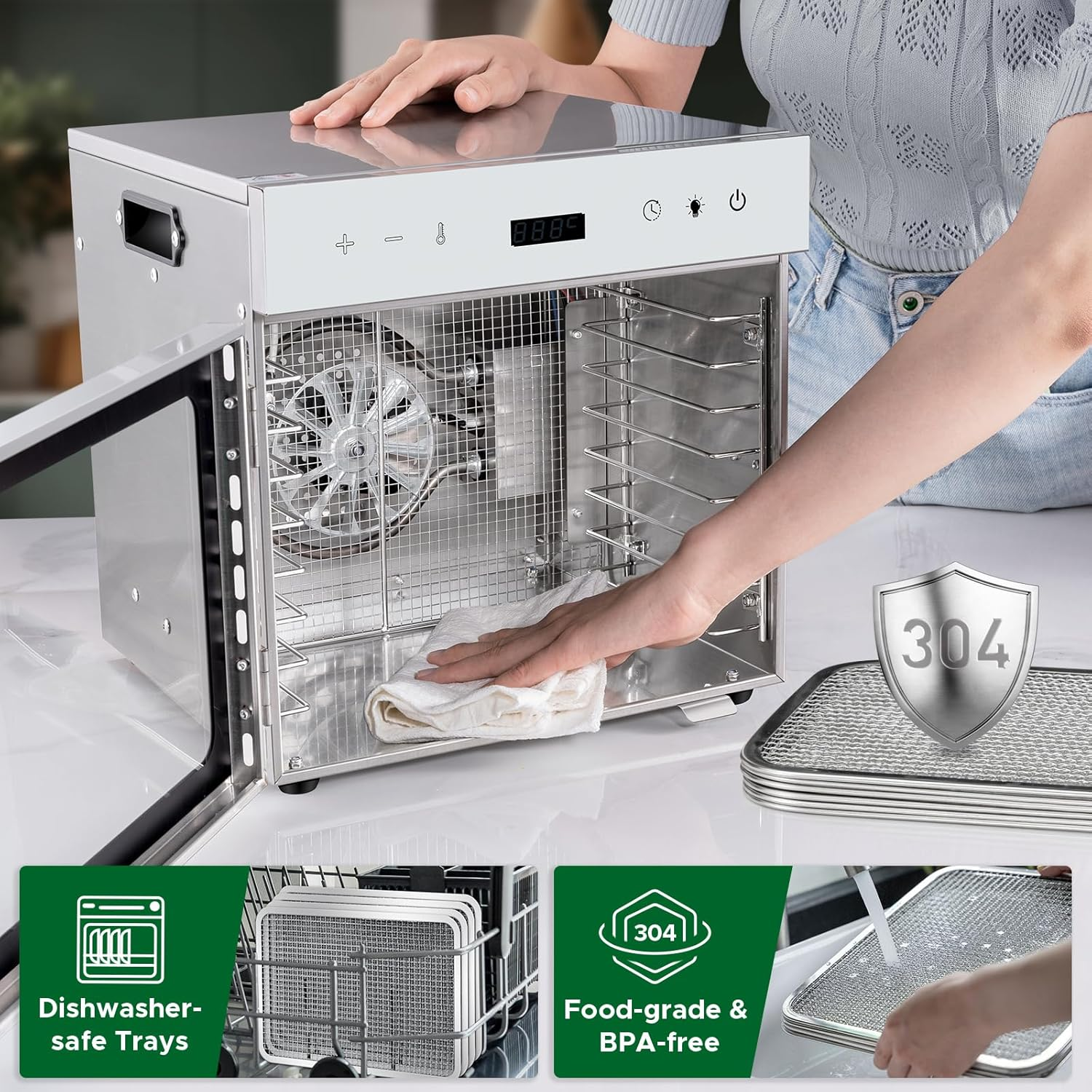 Oiyocemo Stainless Steel Food Dehydrator, 8 Tray Fruit Dryer Machine with Free Recipe Book, Bpa-Free, 30~90℃ Temperature Setting, Max 24H, Dehydrator Food Dryer UK for Vegetables, Meats image number 1