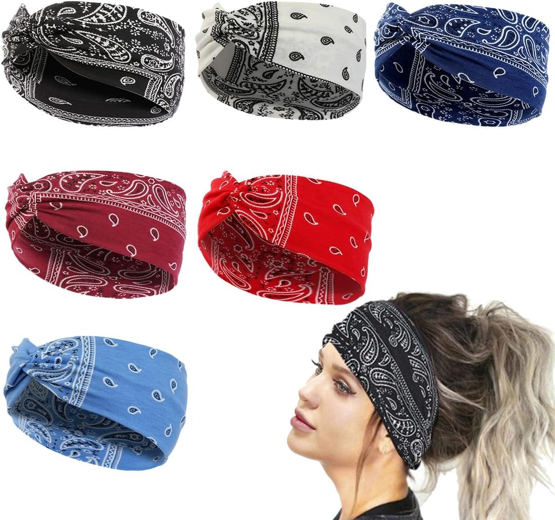 JYNVO 6 Pieces Vintage Floral Pattern Knitted Hair Band - Black, Red, Navy, White, Light Blue, Bordeaux - Hair Accessory for Everyday and Hairstyles