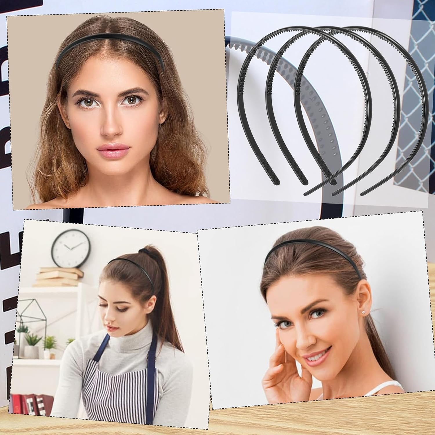 Xoelle Pack of 5 Black Headbands, Wide Headbands, Women'S Hair Band, Girls' Hair Band, Non-Slip Plastic, Non-Slip with Prongs, Elegant, Simple Headbands for Hairstyles, Decorative (Width 1.2 Cm) image number 1