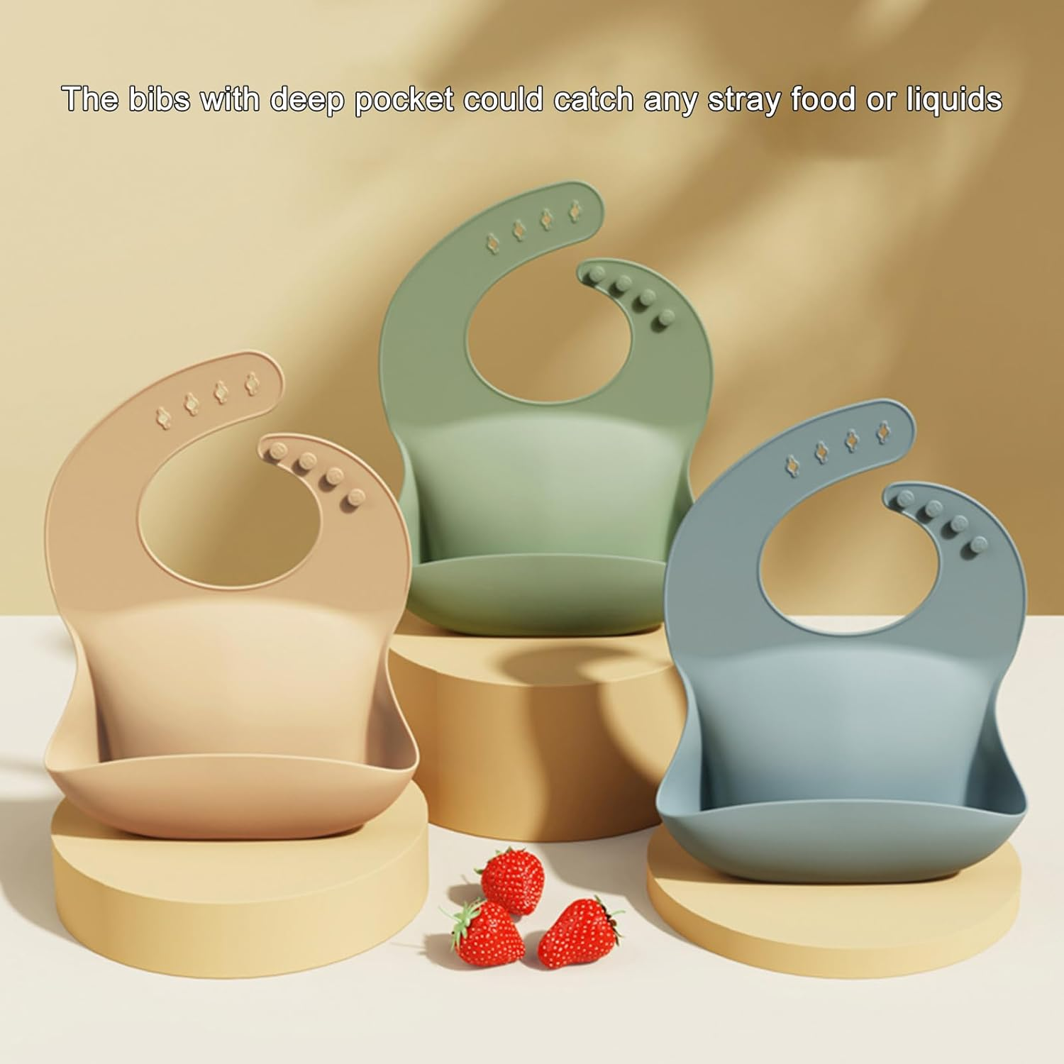 Beleeb 3PCS Lightweight Silicone Baby Bibs for Babies & Toddlers, Waterproof Baby Feeding Set with Deep Catcher Pocket, 4 Adjustable Height, Soft, Washable image number 1