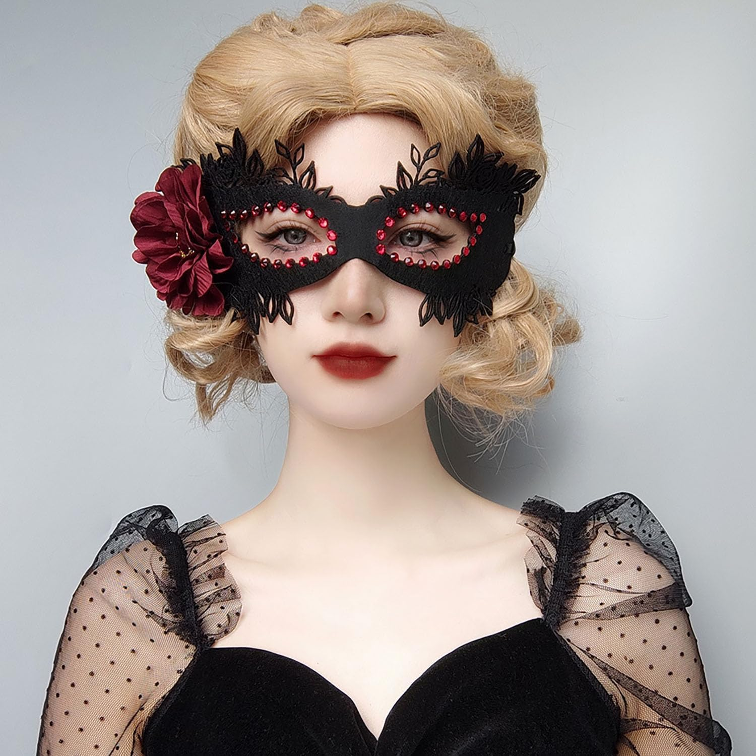 Therian Masquerade Mask for Women - Dark Red Rose Lace with Shiny Rhinestones, Half Face Costume for Cosplay, Carnival, Prom, Party image number 4
