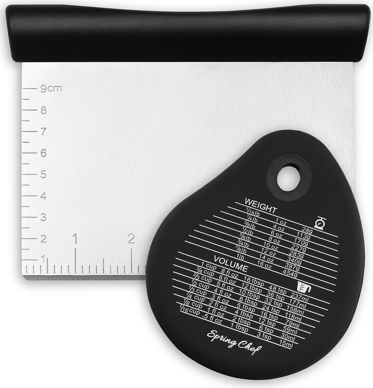 Spring Chef Dough Bench Scraper for Baking with Markings - Stainless Steel Kitchen Dough Cutter Tool with Bowl Pastry Scraper for Pizza, Bread, Pastries - Bench Knife - Dishwasher Safe - Black image number 1