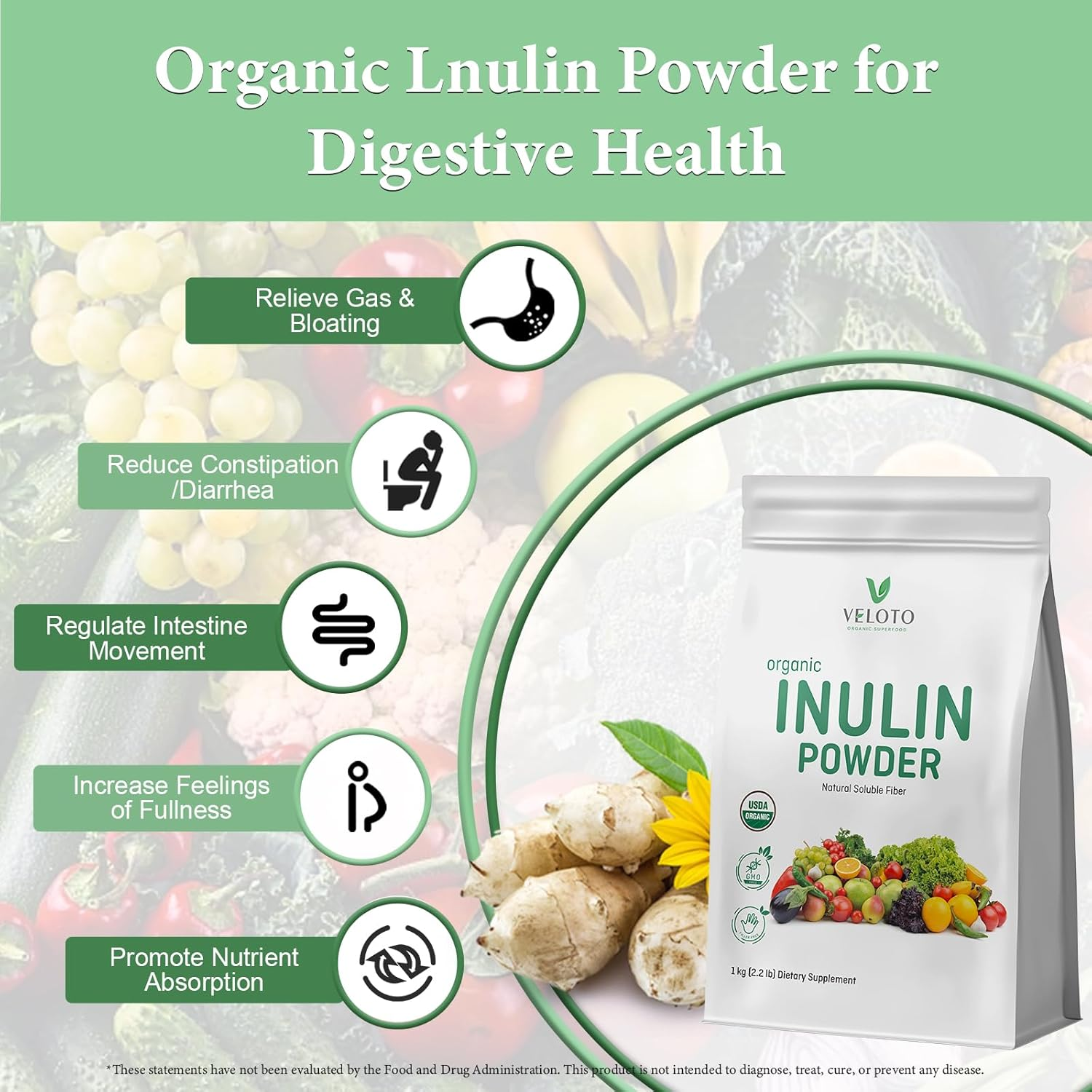 Inulin Powder Organic Artichoke, Pure Inulin Fibers Prebiotic Supplement for Gut Health & Digestive Function, Natural Sweetener for Smoothie & Coffee, Gluten Free, Vegan, 2.2 Lb (35 Oz)