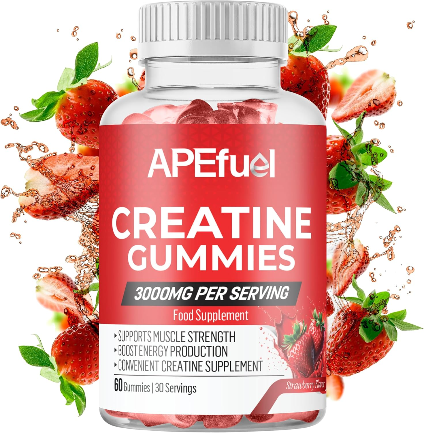 Apefuel Creatine Gummies for Men & Women - Sugar-Free Strawberry Flavored Pre-Workout Gummies for Muscle Growth, Strength & Cognitive Support - 3000Mg Creatine Dietary Supplement (30-Days Supply) image number 6