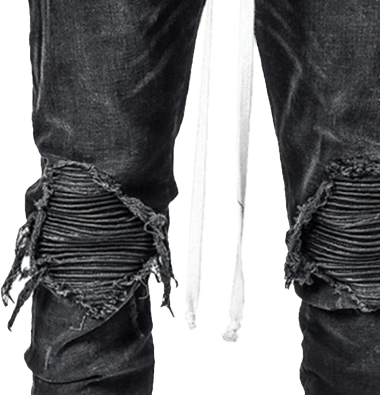 Zylphorix Men Drawstring Stretch Jeans with Holes Casual Elastic Ripped Skinny Denim Pant Y2K 90S Mid Waist Pencil Trouser, Black, Small image number 6