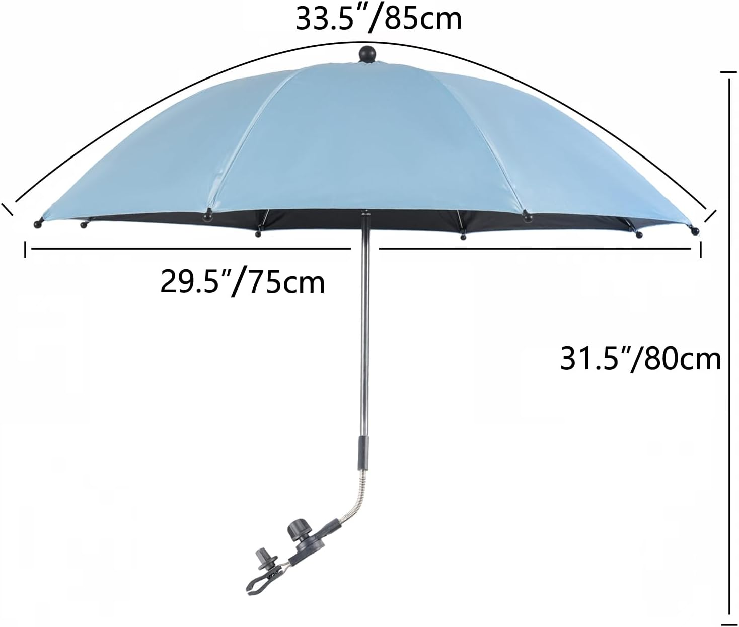 Baby Pram Umbrella with Adjustable Clamp,Buggy Parasol with Clip on Fixing Device UPF 50+,For Pushchair Strollers (Blue) image number 2