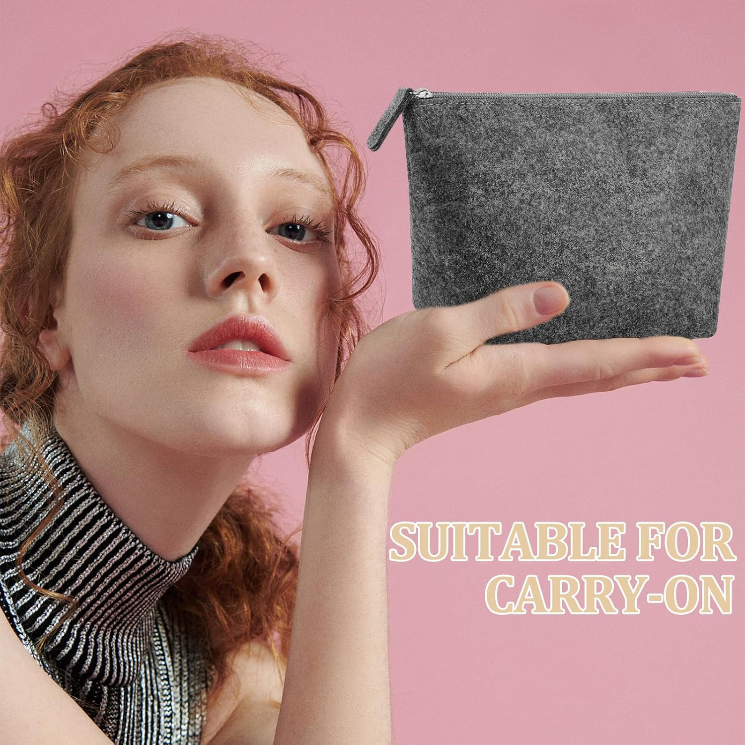 Hshenjhu Set of 3 Felt Cosmetic Bags for Plotting 20 X 16 Cm Portable Cosmetic Bag Organiser, Felt Pencil Case, Ideal Travel and Storage Storage Bags, Gray image number 3