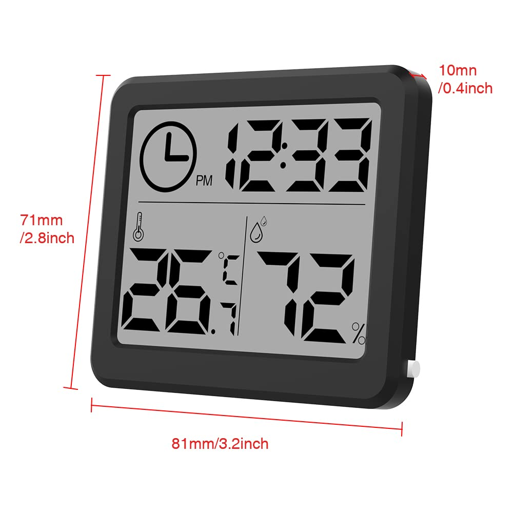 [2 Pack] 3.2 Inch Digital Indoor Hygrometer Thermometer, Room Thermometer Humidity Gauge with Time Clock, High Accuracy Temperature Humidity Monitor with Magnet for Home Office Greenhouse, Black image number 6