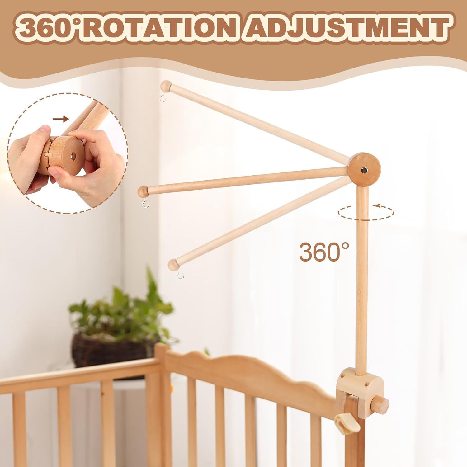 Wooden Crib Mobile Arm,Baby Cot Holder Height Adjustable for Nursery Decor for Nursery Mobiles,Mobile Holder for Hanging Cots and Changing Tables Mobiles Chimes Toys image number 2