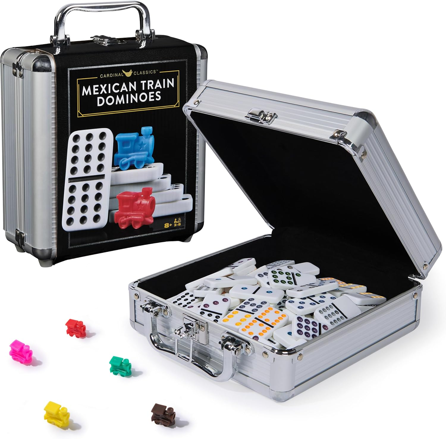 Spin Master Games, Cardinal Classics Mexican Train Dominoes Set Tile Board Game in Aluminum Carry Case for Family Game Night, for Ages 8 and Up image number 1