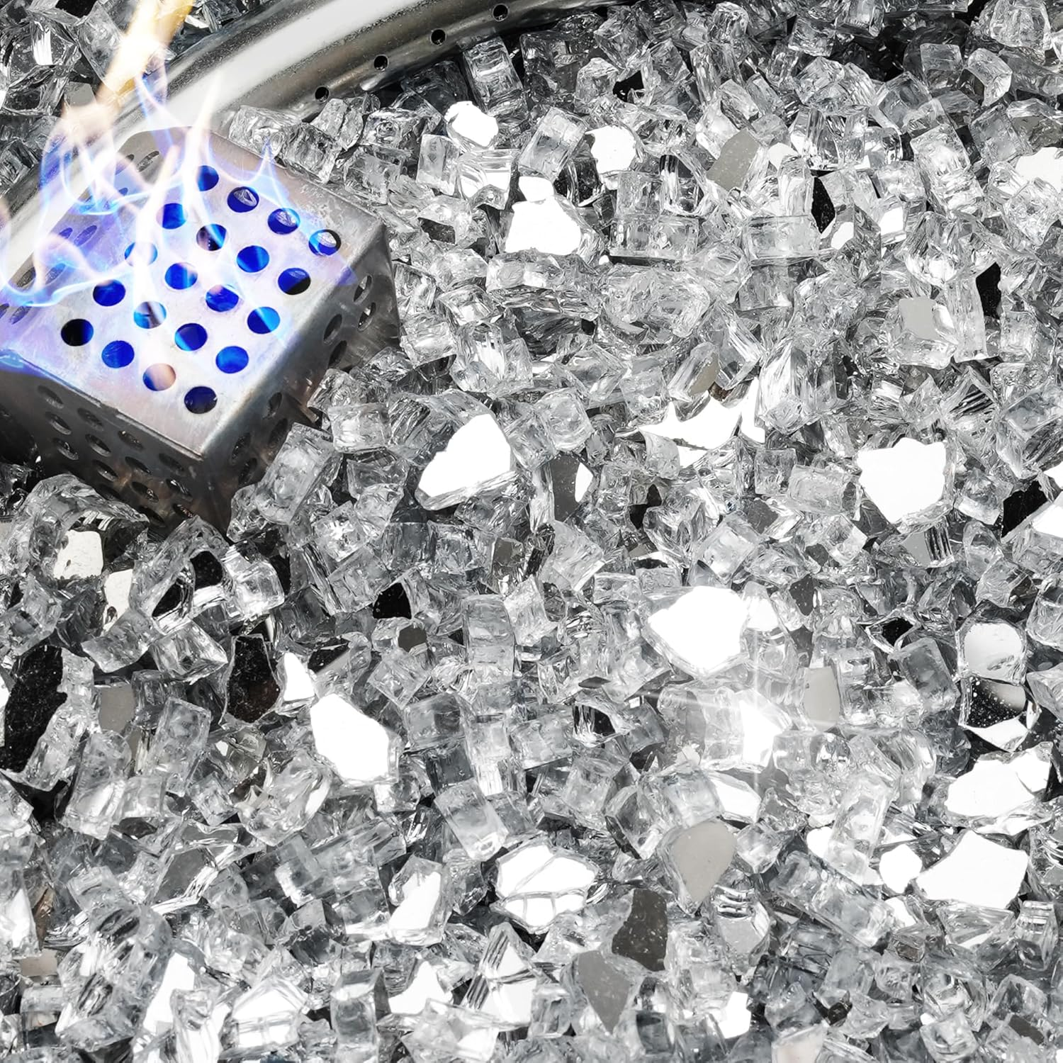 NUPICK 5 Pound Fire Glass, 1/4 Inch Reflective Fire Pit Glass, Tempered Firepit Glass Rock for Propane or Natural Gas, Glass Rocks for Fire Pit Table, Fireplace Glass for Landscaping, Clear image number 2