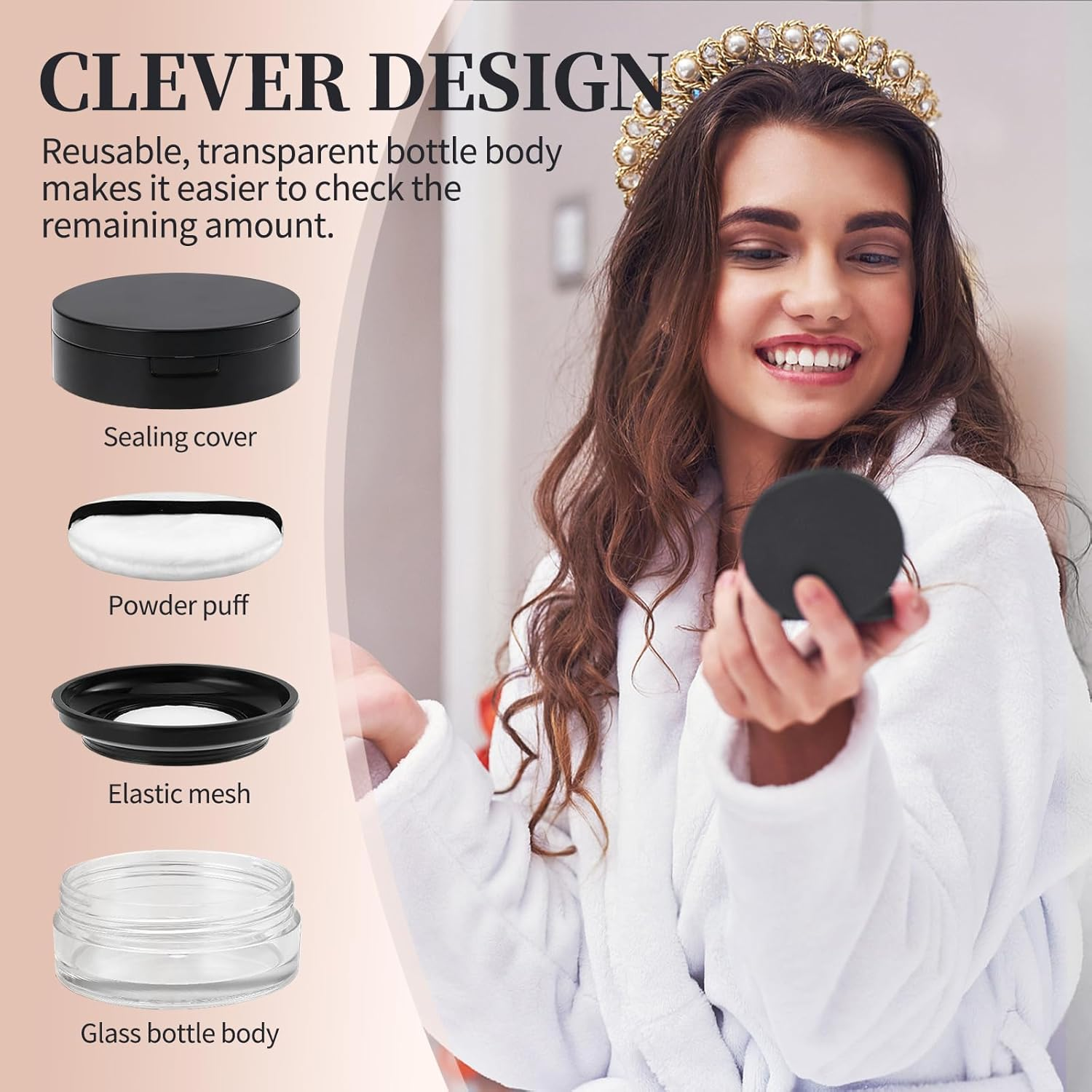 4Pcs Loose Powder Containers with Powder Puff, Plastic Reusable No Leak Powder Compact with Mirror and Puff, Refillable Empty Makeup Containers, Travel Powder Container with Elasticated Net Sifter and Lid (Black) image number 3