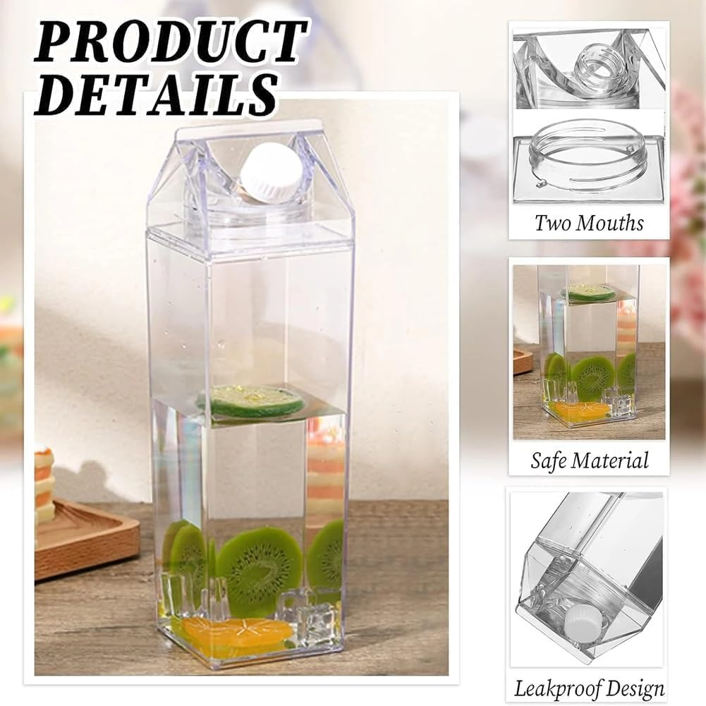 Milk Carton Water Bottle Twin Pack 1 Litre (2 Packx1000Ml) Bpa-Free Reusable Leakproof Drink Bottles, Transparent Portable Containers for Juice, Gym, Beach & School - as 2070 Compliant image number 4