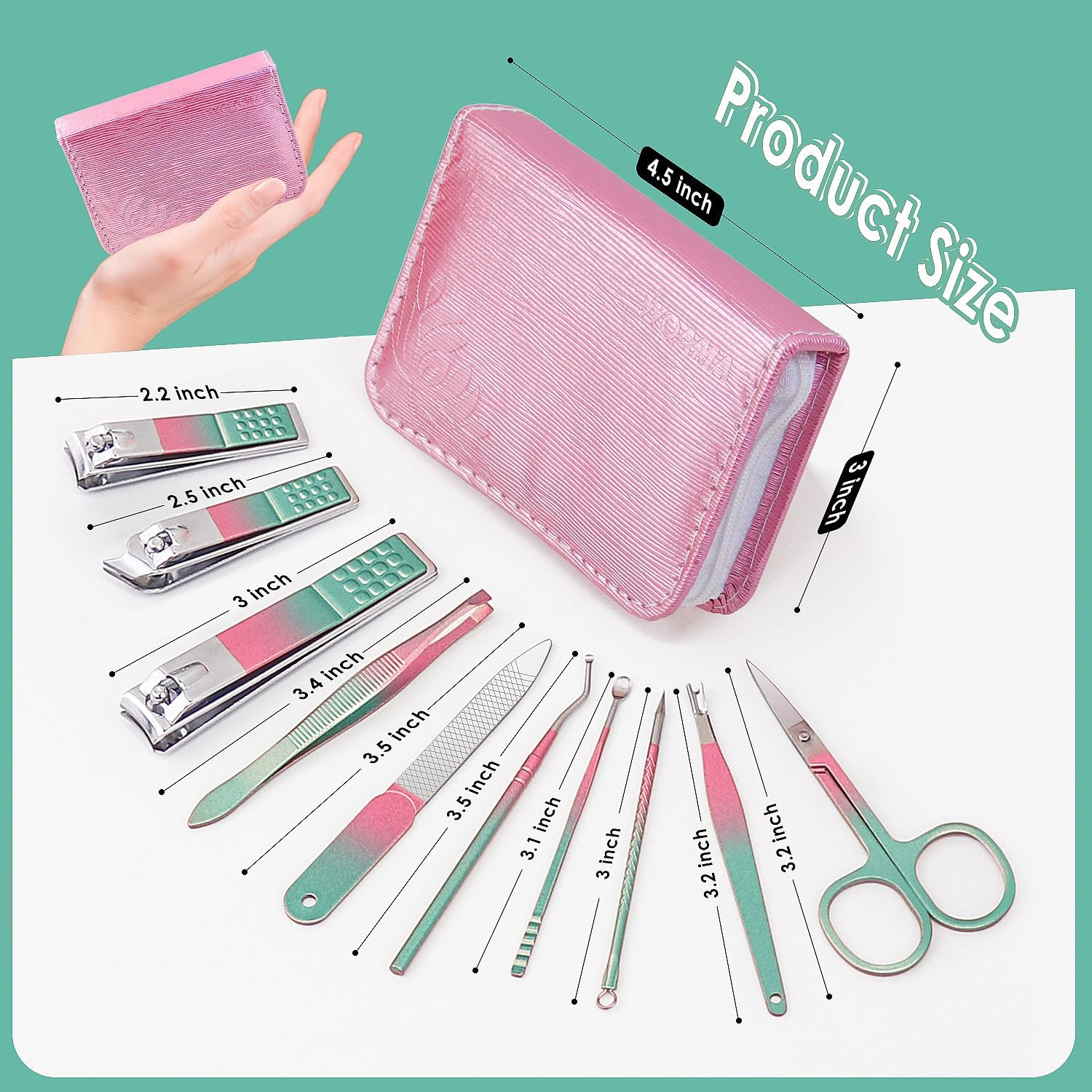 WOAMA Manicure Set Travel Nail Clippers 10-Piece Toenail Clippers Pedicure Kit Stainless Steel Nail Kit for Women - Rainbow