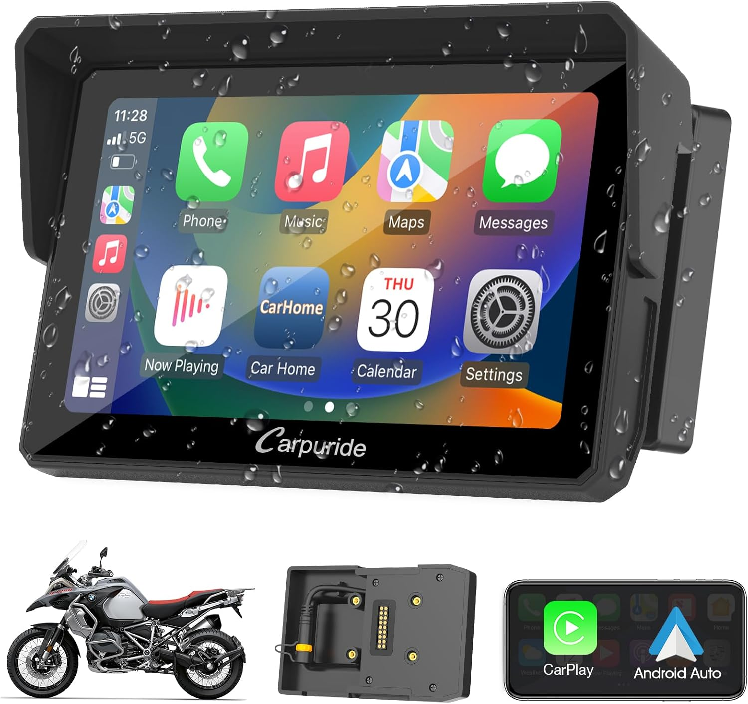 Motorcycle Carplay Screen Carpuride W502B for BMW R1200GS/R1250GS/S1000XR &ndash; 5" IP67 Waterproof Touchscreen, Wireless Android Auto & Carplay, GPS Navigation, Dual Bluetooth, Enhanced Bass EQ
