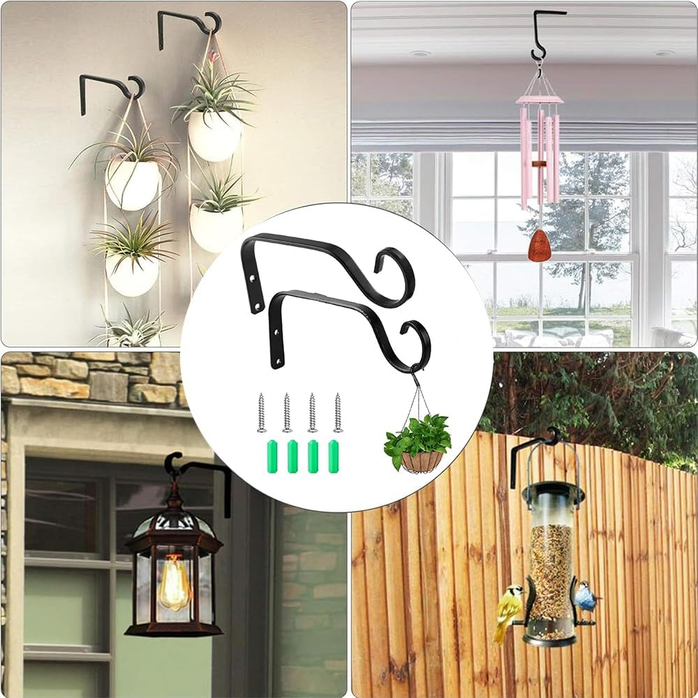 2Pcs Metal Plant Hooks, Iron Ceiling Hooks Hanging Basket Bracket,Decorative Metal Wall Hook,Straight Plant Hanger Indoor&Outdoor for Planters, Lanterns, Bird Feeders, Wind Chimes(Black) image number 1