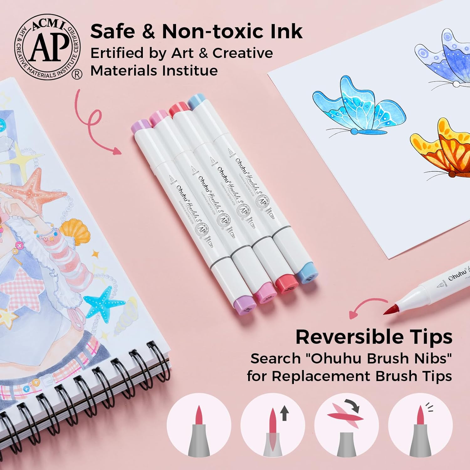 Ohuhu Alcohol Markers Brush Tip: Brush& Soft Chisel 60 Illustration Colors Dual Tips Alcohol-Based Art Marker Set for Artist Adults Coloring Illustrations- Honolulu S- Refillable image number 2