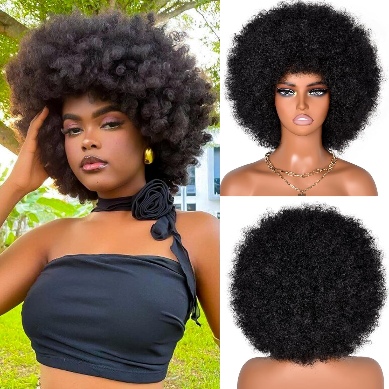 ISAMY 70'S Afro Wigs for Black Women Short Curly Afro Kinky Wig Bouncy Huge Fluffy Puff Wigs Premium Synthetic for Cosplay and Daily (Black) image number 5