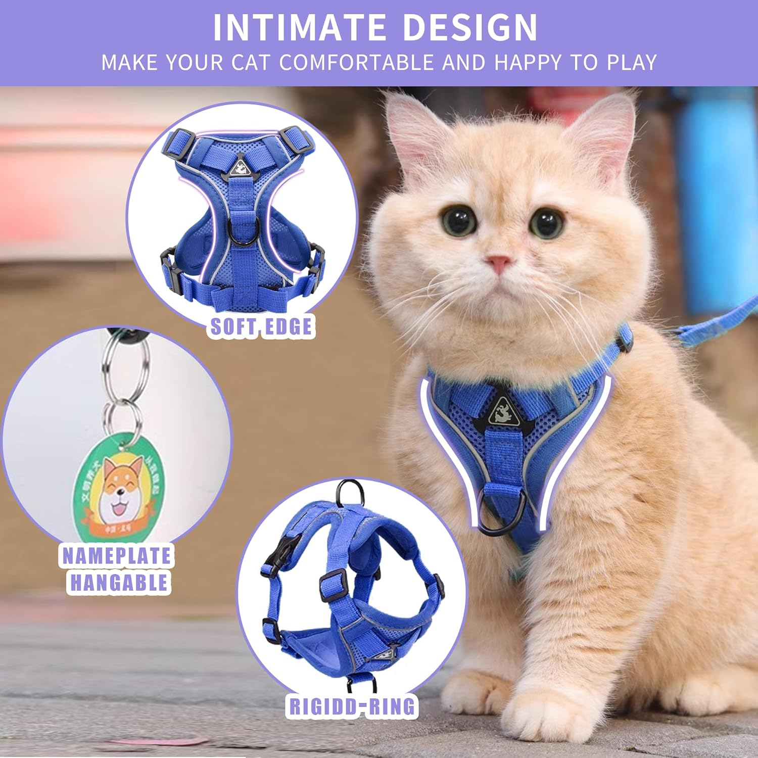 Tikxlafe Cat Harness with Leash, 150 Cm, Cat Leash with Harness, Polyester, Adjustable Cat Leash Set, Escape Proof for Kittens (Blue, M) image number 2