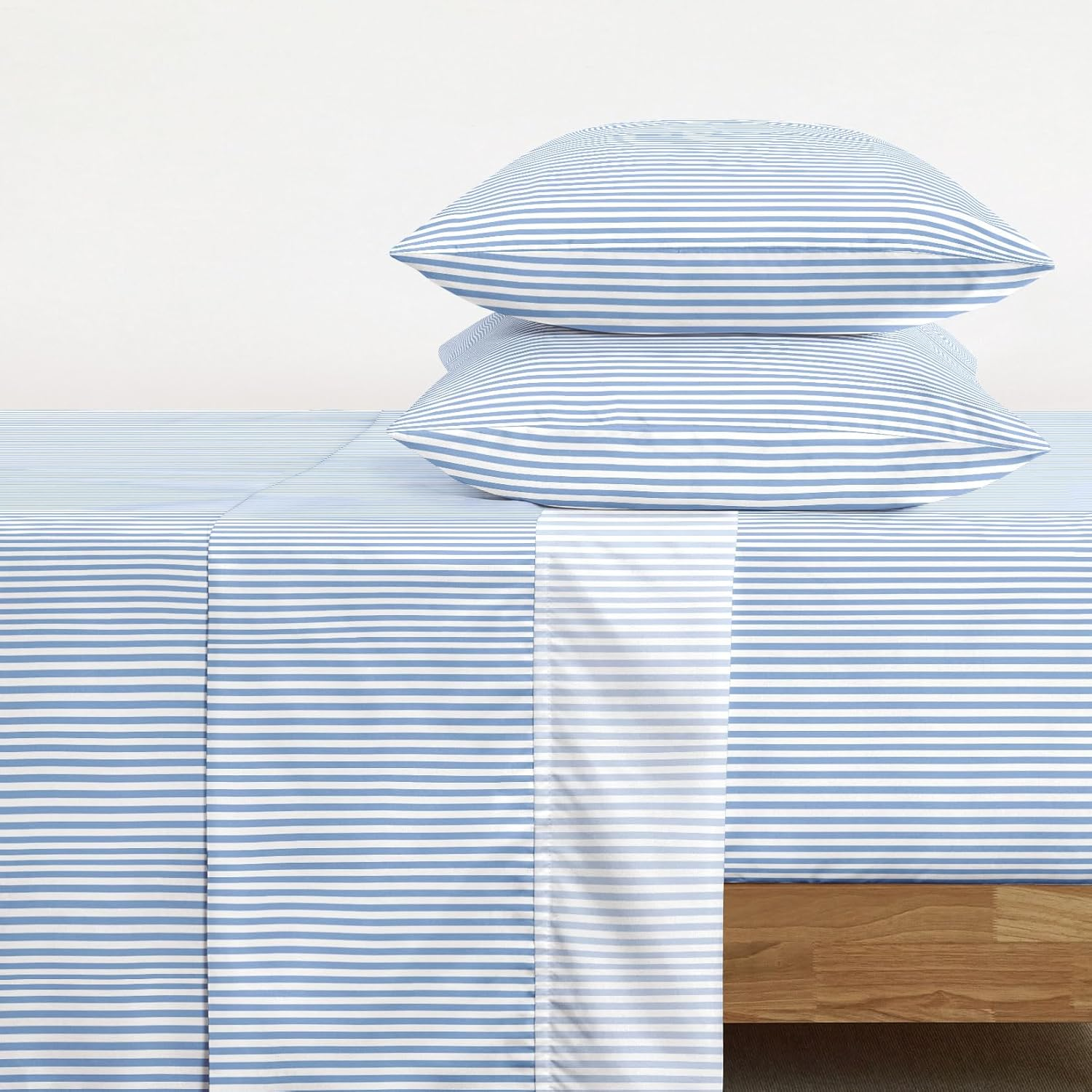 Wake in Cloud - Striped Bed Sheets Set, Ultra Soft Microfiber Ticking Stripes Pinstripe Pattern Printed Bedding, Flat & Fitted Sheet & 2 Pillowcases, 4 Piece, Blue, Queen Size image number 1