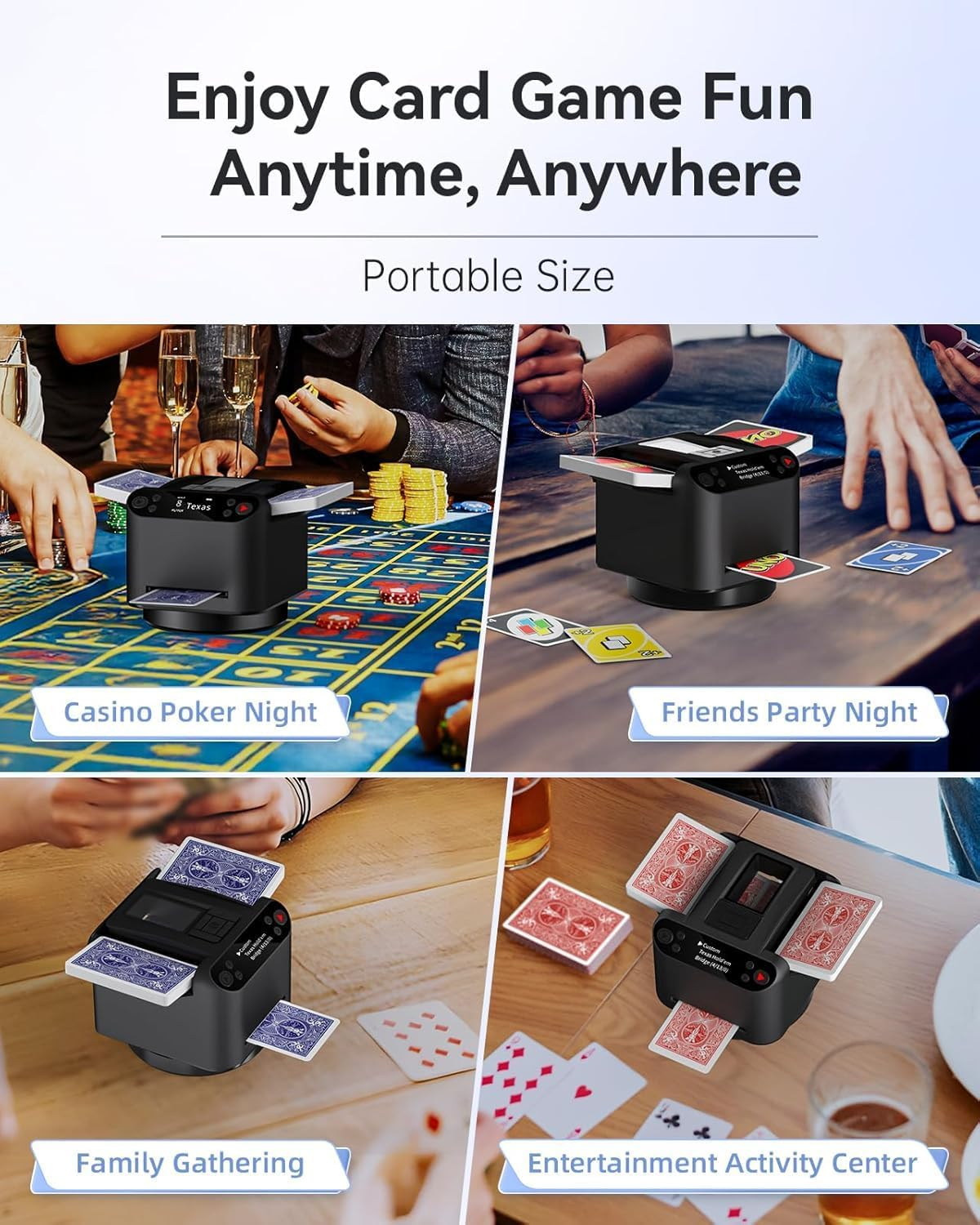 2 in 1 Automatic Card Shuffler and Dealer - 1-2 Decks Support 12 Players, with 4 Drawing Remotes, Built-In Gameplays, 360&deg;/180&deg; Deal, for Poker, UNO, Phase 10, Skip-Bo, Rummy (Black) image number 2