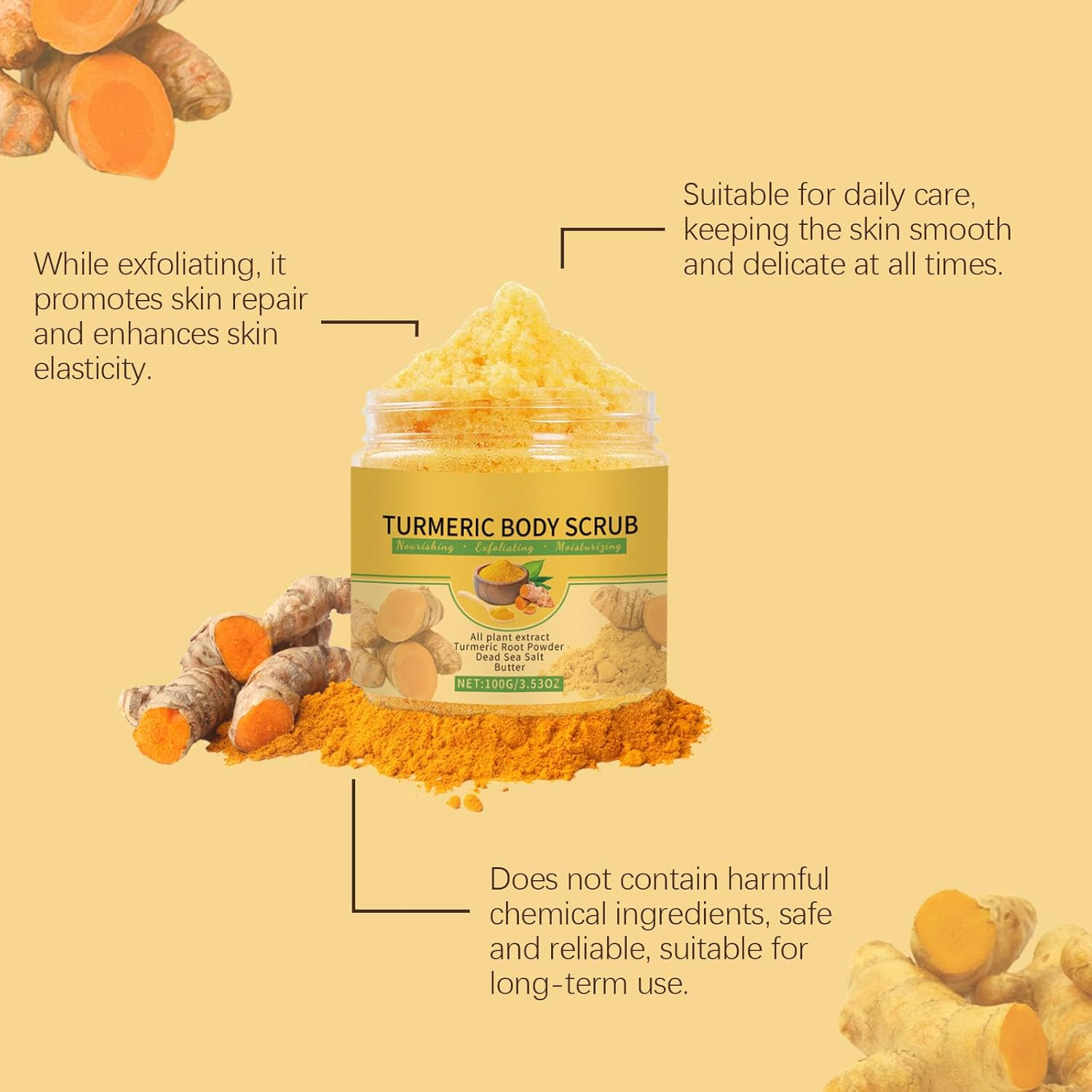 Turmeric Body Scrub Exfoliator &ndash; Brightening, Deep Cleansing, Moisturizing Natural Exfoliant for Dull, Dry Skin, Bikini Area, Gentle Exfoliation Polish image number 2