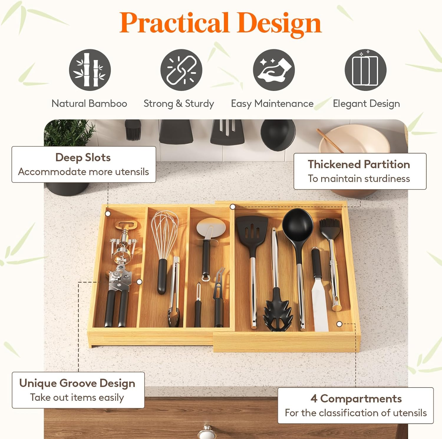 Lifewit Utensil Drawer Organizer, Expendable Cooking Silverware Tray for Kitchen Drawer, Bamboo Adjustable Cutlery Flatware Holder, Spatula Tools and Gadgets Storage Divider, 4 Compartments, Natural image number 1