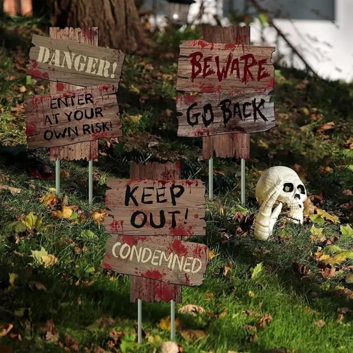 Halloween Decorations Outdoor Beware Yard Signs Stakes, Creepy Warning Blood Signs with Stakes for Halloween, Halloween Party Decor, Scary Zombie Vampire Grave Halloween Decoration