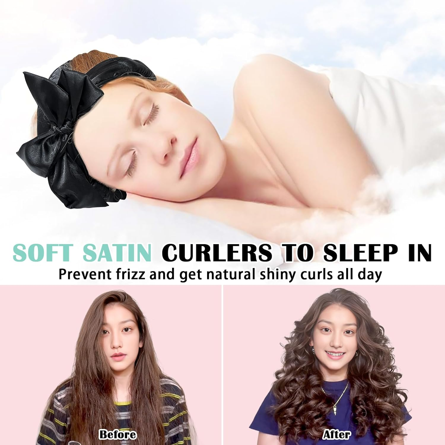 Gwabee Heatless Curls Overnight Hair Curlers to Sleep in Satin Hair Curler Rollers No Heat Hair Wrap for Curls Headband, 70" Satin Heatless Curling Rod Set for Women Long Waves Hair Volume -Black 9PCS