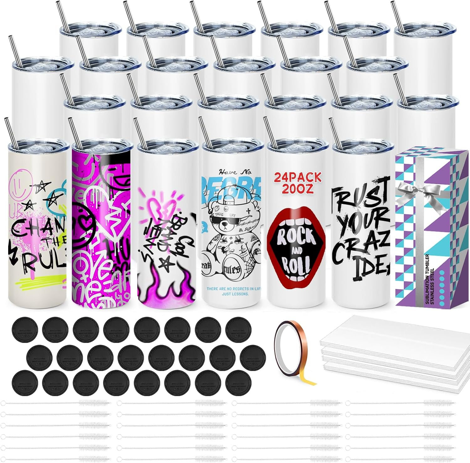 Sublimation Blank Tumbler, 4 Pack, 20Oz Sports Wide Mouth Stainless Steel Water Bottle, Vacuum Flask with Portable Handle and Straw for Press Machine Sublimation Print (Tumbler 24Pcs) - Tumbler 4 image number 4