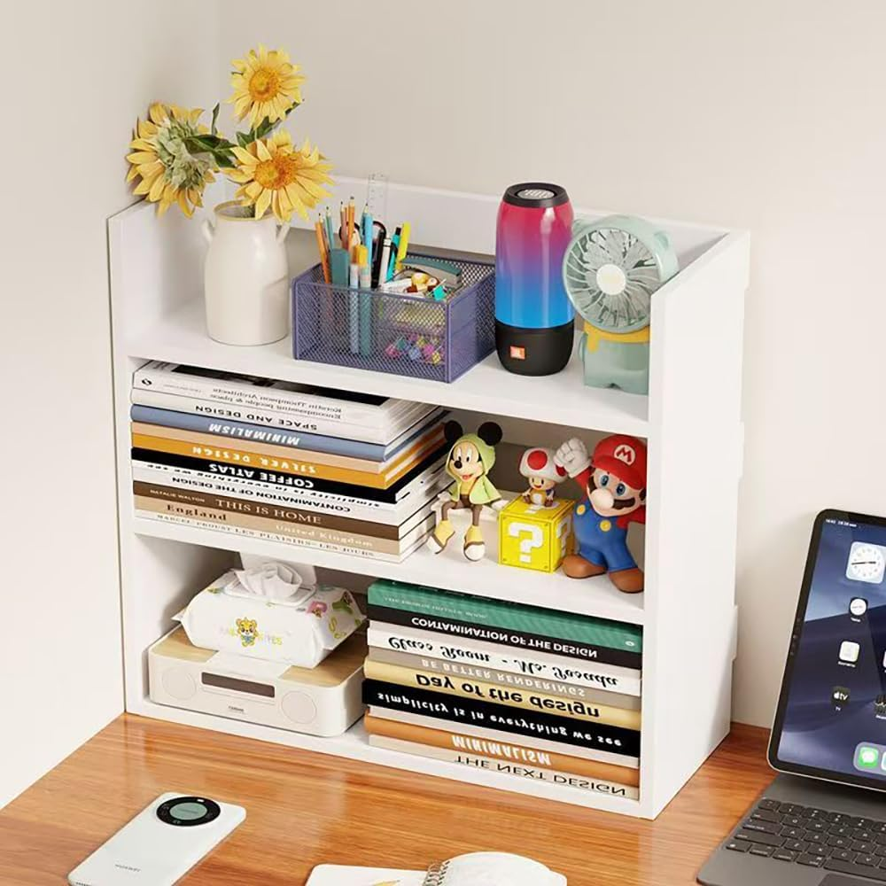 Hbluefat 3-Tier Desktop Bookshelf, Small Wood Countertop Bookcase Desk Organizer Literature CD Photo Display Storage Rack for Home Office (White) - Wood image number 3