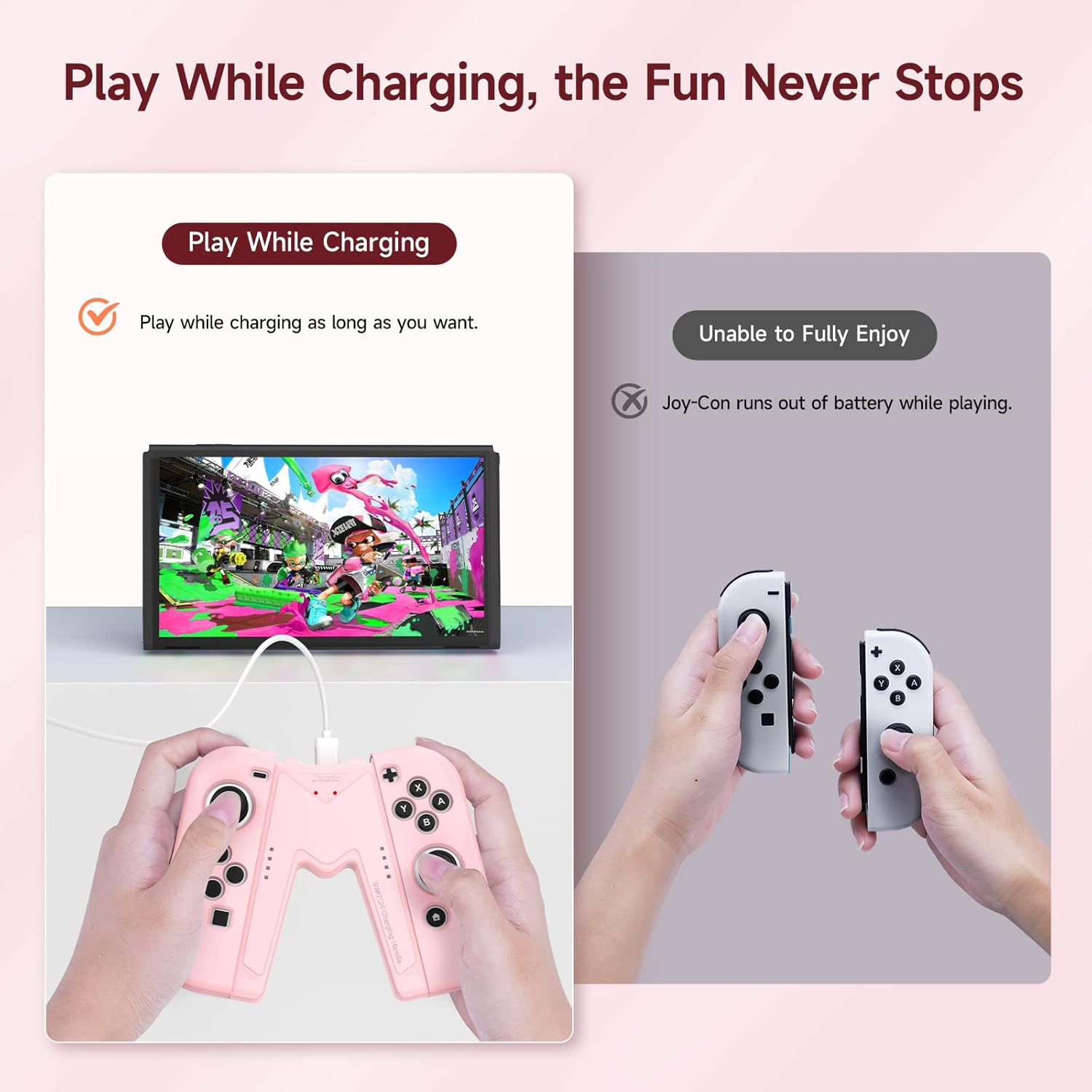 OLAIKE Joy Con Charging Grip Handle for Nintendo Switch/Oled, Joystick Charging Comfort V-Shaped Game Grip Controller with Battery Indicators, High Speed Charge While Play, Pink
