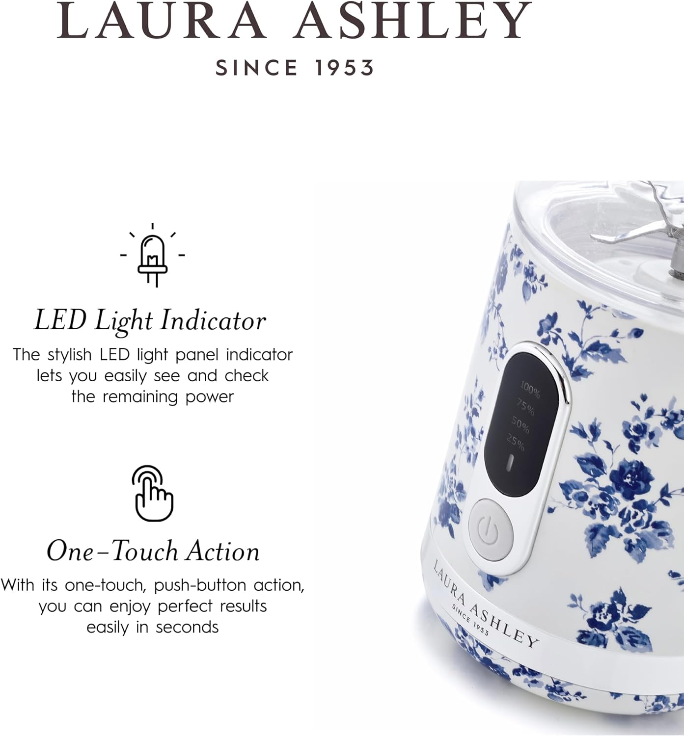 Laura Ashley China Rose Portable Smoothie Blender by VQ. Compact, Powerful & Easy to Use USB Rechargeable Mini Blender with 450 Ml Bottle. Portable Blender Smoothie Maker for Kitchen/Gym/Travel/Office image number 2