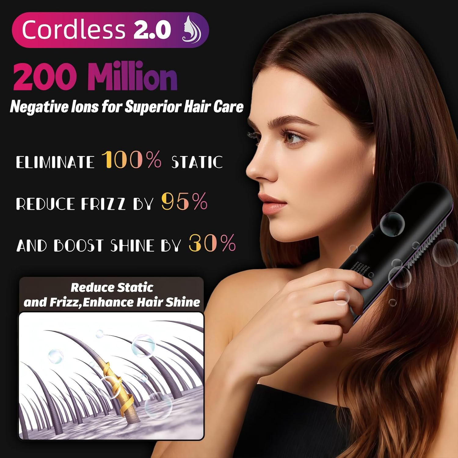Cordless Hair Straightening Brush, Rechargeable Hair Straightening Brush, 200 Million Negative Ions Portable Travel Hair Straightener, 4 Temperature Modes, 30 Seconds Heating Mini Dual Purpose Straightening & Curling Brush, for Hair and Beard (Black) image number 2
