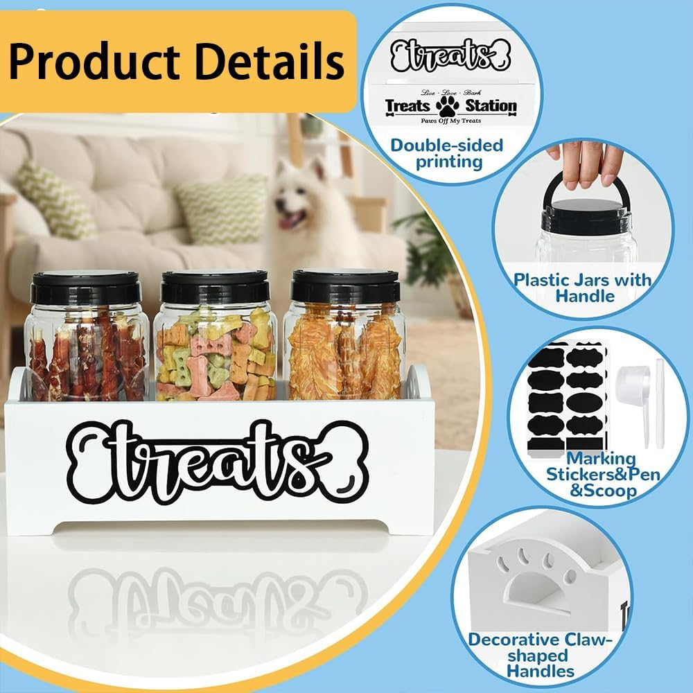 RUTREZOGO Wooden Dog Treat Organizer with 3 Airtight Jars, Pet Food Storage Container for Dogs, Cats, and Small Animals, Farmhouse Dog Treat Holder for Kitchen Counter or Home Decor image number 5