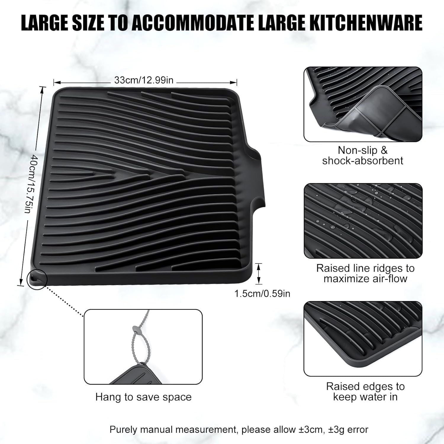 Silicone Dish Drying Mat for Kitchen Counter, Dish Drying Pad, Non-Slip Drain Pad with Built-In Drain, Heat Resistant Stone Drying Mat (Black, 40*30Cm) image number 7