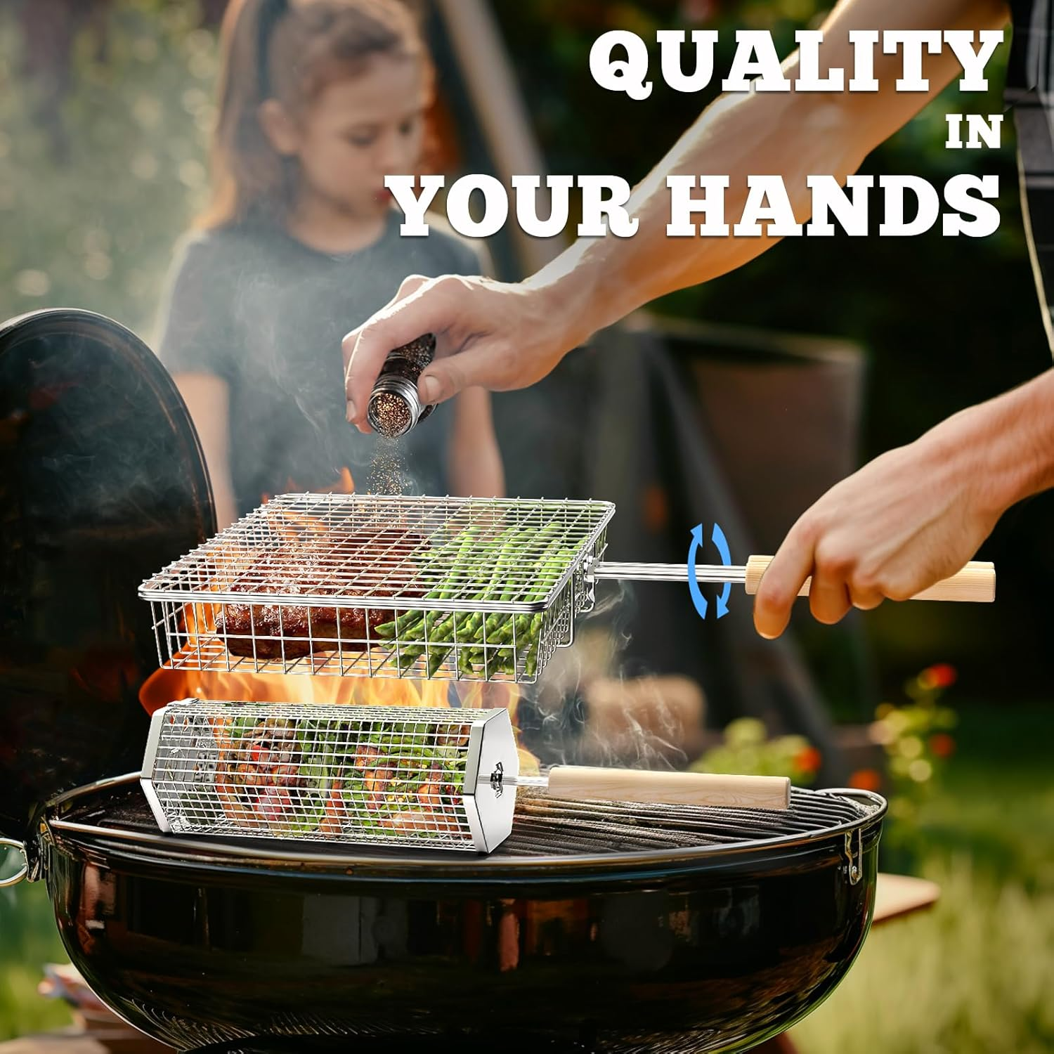Nesting Grill Baskets (1 + 1), Removable Wooden Handle, 304 Stainless Steel, Rolling Grilling Net, BBQ Accessories Tools for Vegetables Shrimp, Gifts for Men Dad Husband - 2 Hexagonal image number 3