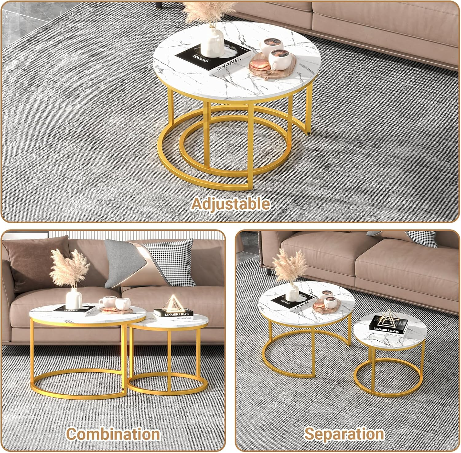 Advwin Coffee Table Set of 2, round Nesting Table Marble Pattern Wooden Side Table Metal Frame End Table for Living Room White image number 3