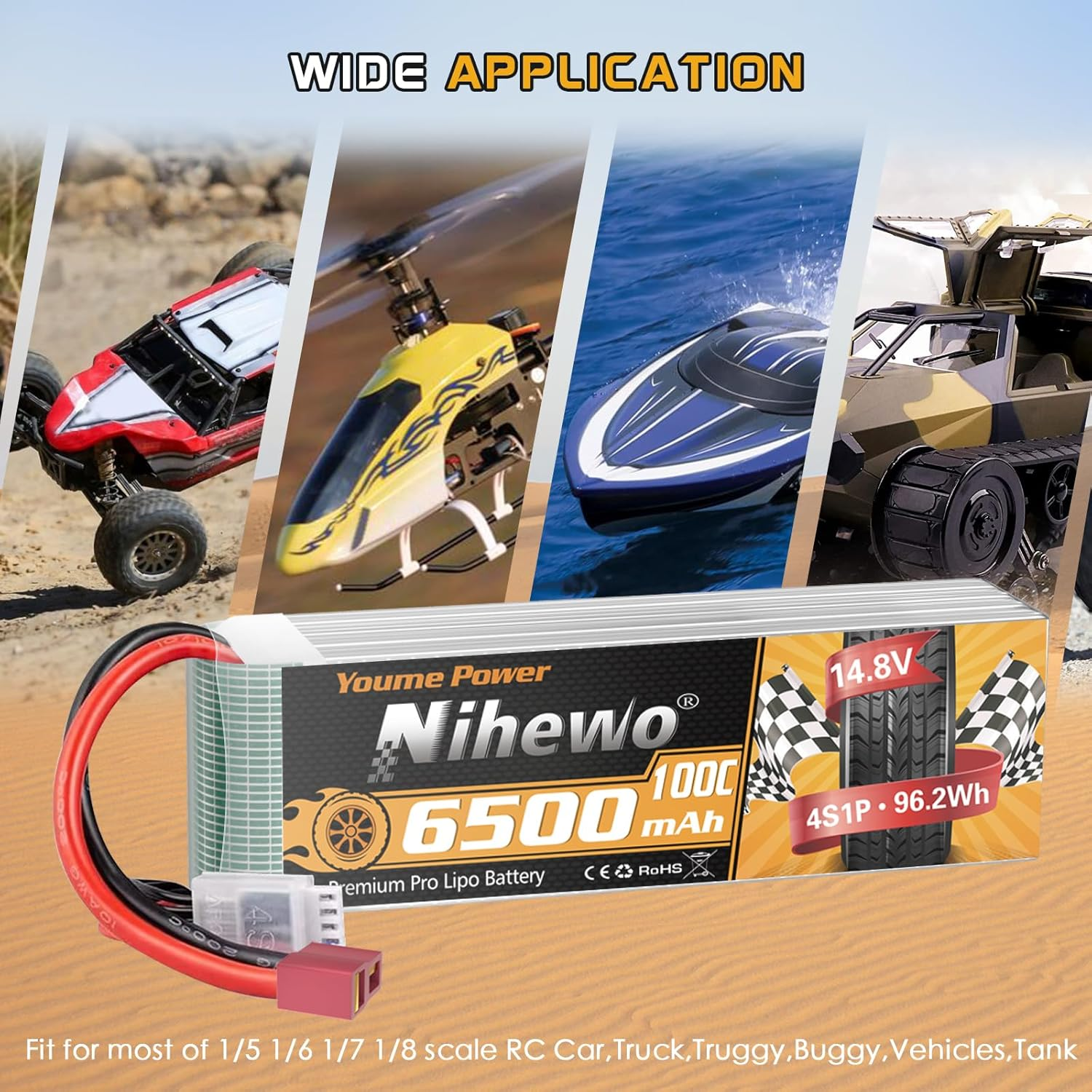 Nihewo 4S Lipo Battery, 14.8V 6500Mah RC Battery 100C Deans T Connector Compatible with 1/5 1/6 1/7 Scale RC Car Truck Boat Airplane Helicopter Quadcopter Models (2Packs) image number 3