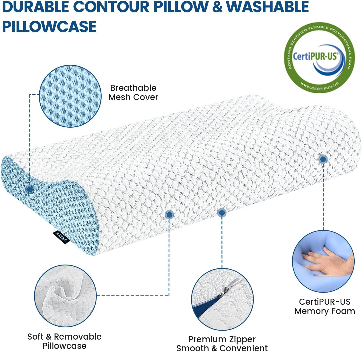 Polovo Memory Foam Pillows Neck Pillow for Sleeping, Ergonomic Contour Cervical Pillow Neck Support Bed Pillow for Side Back Stomach Sleeper, Orthopedic Pillow for Neck Pain Relief, White (KD0208) image number 3
