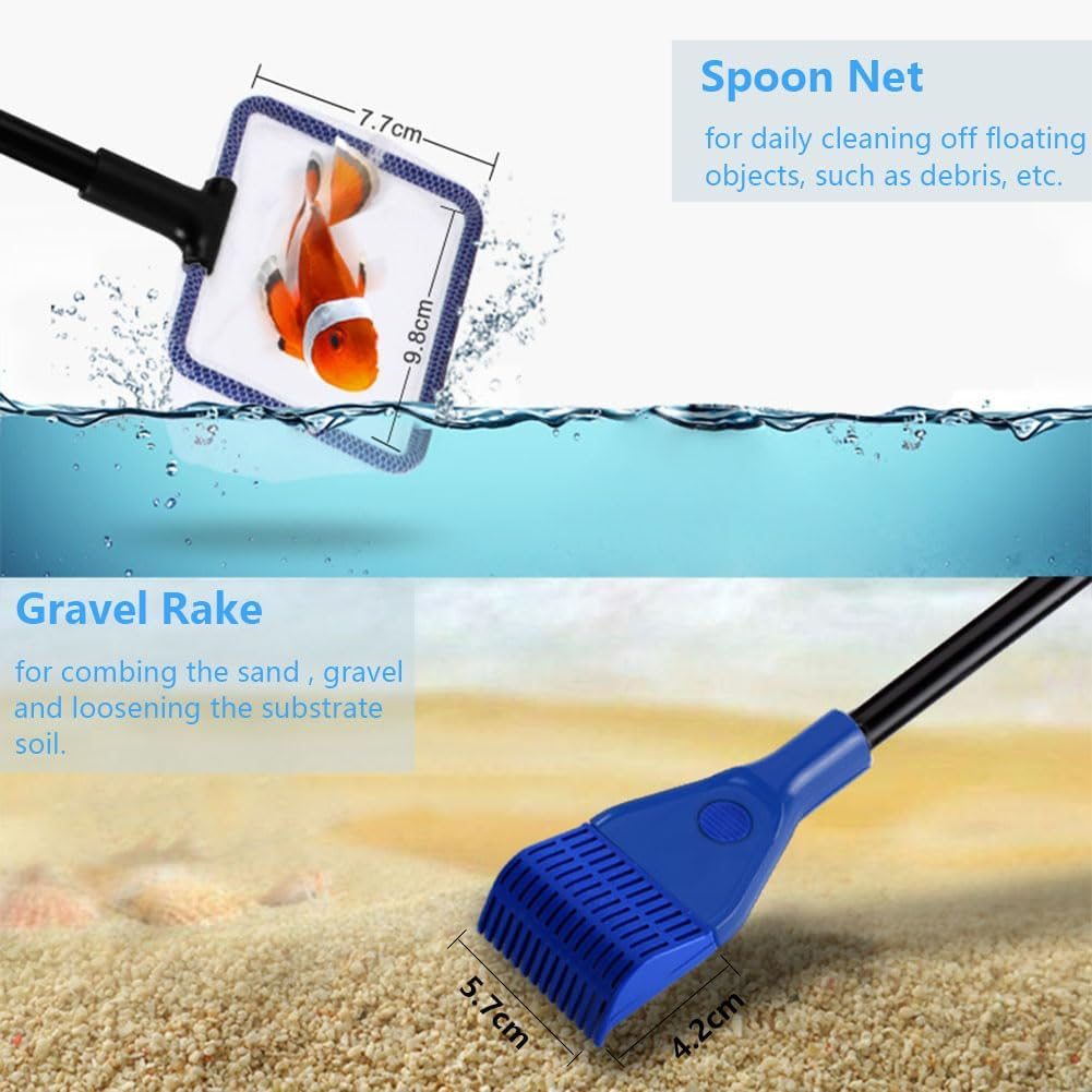 Vekol Fish Tank Cleaner Retractable 6 in 1 Aquarium Cleaning Tools Adjustable Long Handle Fish Tank Brush Cleaner Set with Algae Scraper, Fish Net, Spoon Net, Plant Fork, Gravel Rake, Clean Sponge image number 1