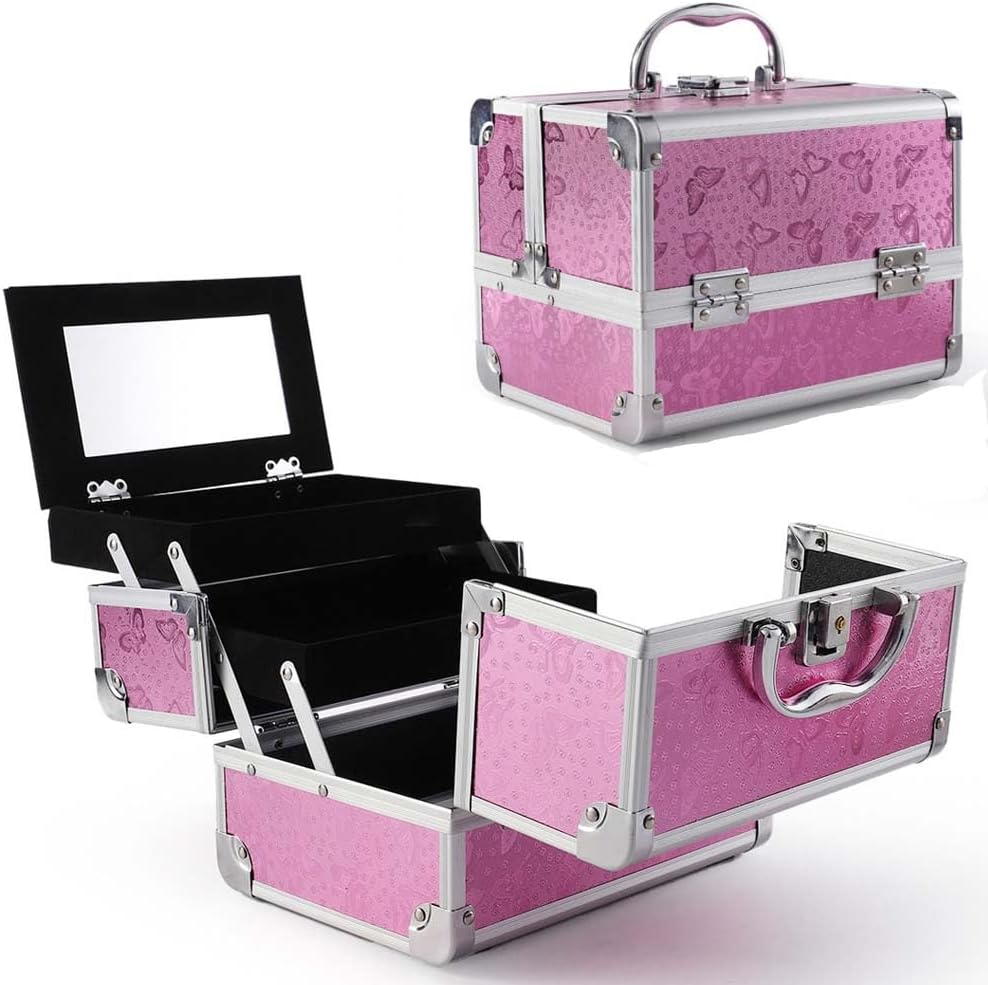Makeup Train Box Cosmetic Case Portable Makeup Box Storage 2-Layer Tray Cosmetic Storage with Mirror Lock Suitable for Beautician Beauty Supplies Nail Art Travel Cosmetic Case 23 * 17 * 17 (Pink) image number 4