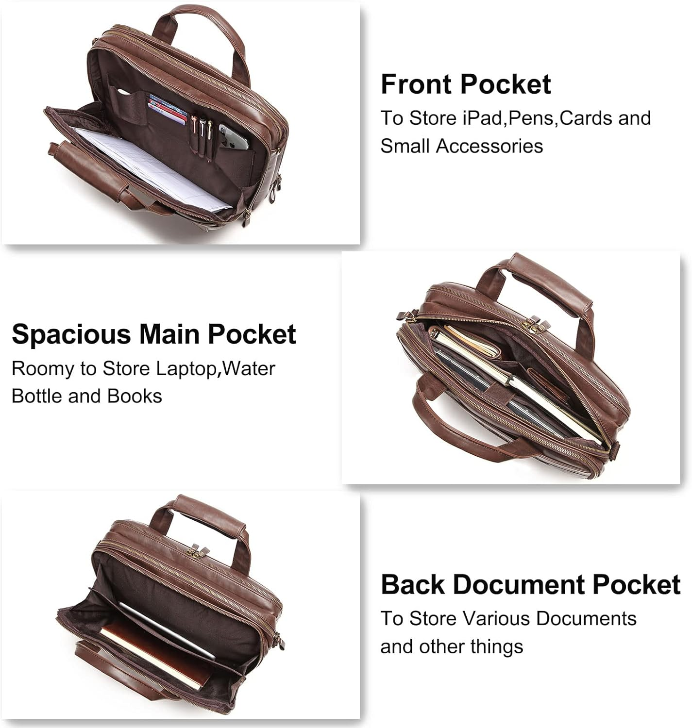 15.6 Inch PU Leather Briefcase for Men Laptop Bag Waterproof Retro Business Travel Messenger Bag Perfect for Daily/Christmas, Brown, X-Large, Retro image number 2