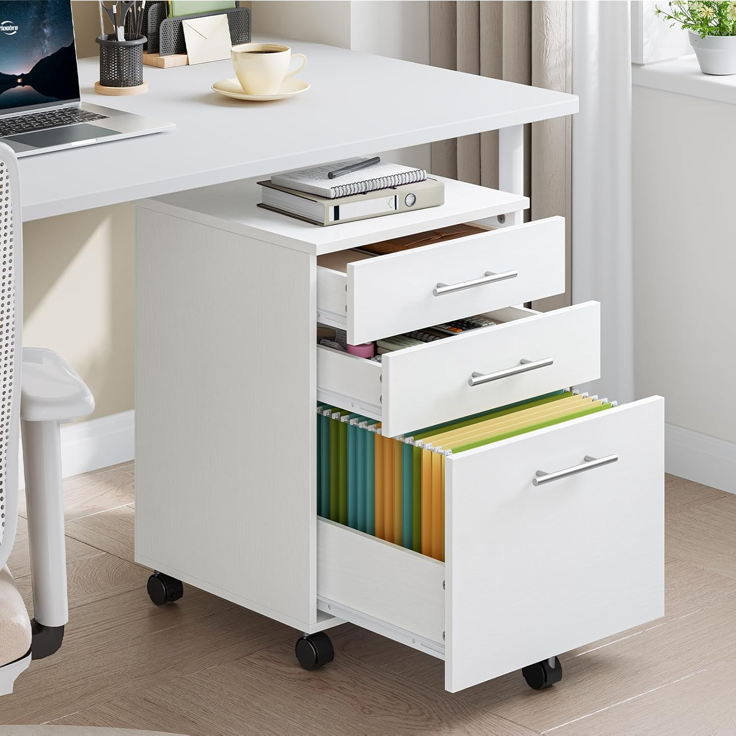 HOOBRO 3-Drawer File Cabinet, Wooden under Desk Filing Cabinet, Fits A4/Letter Size for Home Office, Small Rolling Storage Drawer Chest, Printer Stand with Drawers, White WW02WJ01G1 image number 5
